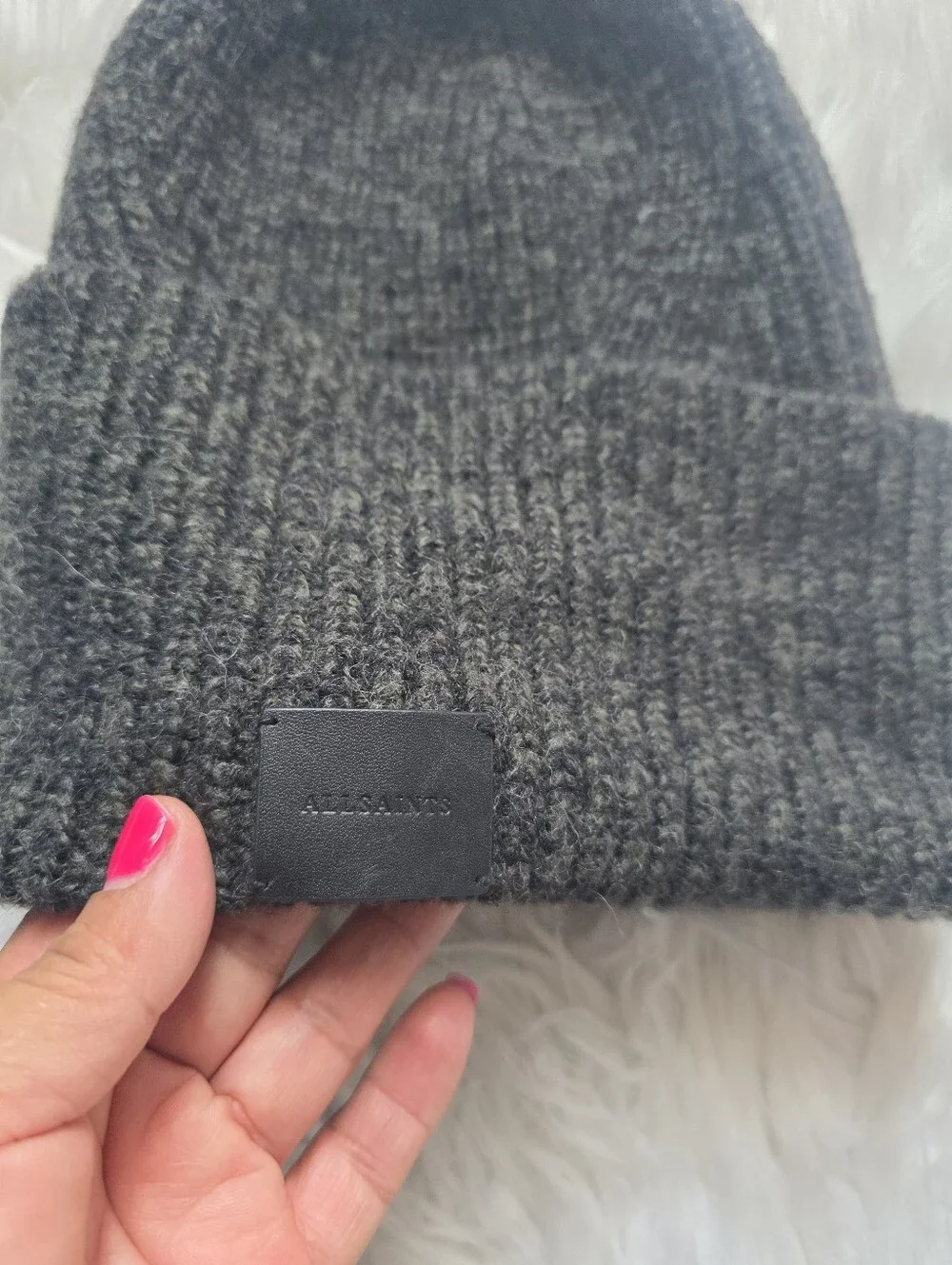 All Saints Charcoal Ribbed Cuffed Beanie